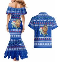Comoros Christmas Couples Matching Mermaid Dress and Hawaiian Shirt with Santa Turtle Gifts Snowflakes and Ocean Blue Holiday Pattern - Wonder Print Shop