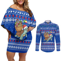 Comoros Christmas Couples Matching Off Shoulder Short Dress and Long Sleeve Button Shirt with Santa Turtle Gifts Snowflakes and Ocean Blue Holiday Pattern - Wonder Print Shop