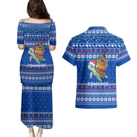 Comoros Christmas Couples Matching Puletasi and Hawaiian Shirt with Santa Turtle Gifts Snowflakes and Ocean Blue Holiday Pattern - Wonder Print Shop