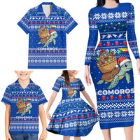 Comoros Christmas Family Matching Long Sleeve Bodycon Dress and Hawaiian Shirt with Santa Turtle Gifts Snowflakes and Ocean Blue Holiday Pattern - Wonder Print Shop