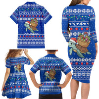 Comoros Christmas Family Matching Long Sleeve Bodycon Dress and Hawaiian Shirt with Santa Turtle Gifts Snowflakes and Ocean Blue Holiday Pattern - Wonder Print Shop