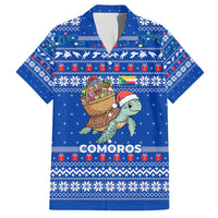 Comoros Christmas Family Matching Off Shoulder Short Dress and Hawaiian Shirt with Santa Turtle Gifts Snowflakes and Ocean Blue Holiday Pattern - Wonder Print Shop