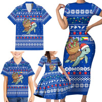 Comoros Christmas Family Matching Short Sleeve Bodycon Dress and Hawaiian Shirt with Santa Turtle Gifts Snowflakes and Ocean Blue Holiday Pattern - Wonder Print Shop