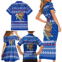 Comoros Christmas Family Matching Short Sleeve Bodycon Dress and Hawaiian Shirt with Santa Turtle Gifts Snowflakes and Ocean Blue Holiday Pattern - Wonder Print Shop