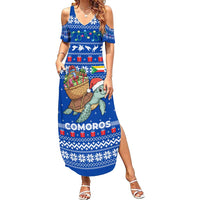 Comoros Christmas Family Matching Summer Maxi Dress and Hawaiian Shirt with Santa Turtle Gifts Snowflakes and Ocean Blue Holiday Pattern - Wonder Print Shop