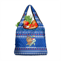 Comoros Christmas Grocery Bag with Santa Turtle Gifts Snowflakes and Ocean Blue Holiday Pattern - Wonder Print Shop