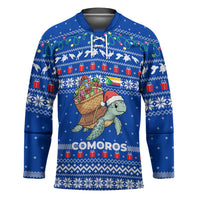 Comoros Christmas Hockey Jersey with Santa Turtle Gifts Snowflakes and Ocean Blue Holiday Pattern - Wonder Print Shop