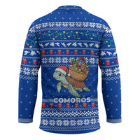 Comoros Christmas Hockey Jersey with Santa Turtle Gifts Snowflakes and Ocean Blue Holiday Pattern - Wonder Print Shop