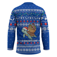 Comoros Christmas Hockey Jersey with Santa Turtle Gifts Snowflakes and Ocean Blue Holiday Pattern - Wonder Print Shop