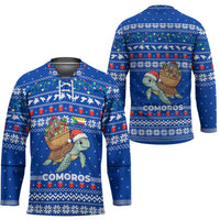 Comoros Christmas Hockey Jersey with Santa Turtle Gifts Snowflakes and Ocean Blue Holiday Pattern - Wonder Print Shop