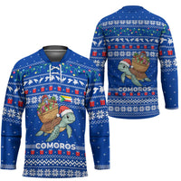 Comoros Christmas Hockey Jersey with Santa Turtle Gifts Snowflakes and Ocean Blue Holiday Pattern - Wonder Print Shop