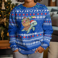 Comoros Christmas Kid Ugly Christmas Sweater with Santa Turtle Gifts Snowflakes and Ocean Blue Holiday Pattern - Wonder Print Shop