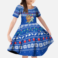 Comoros Christmas Kid Short Sleeve Dress with Santa Turtle Gifts Snowflakes and Ocean Blue Holiday Pattern - Wonder Print Shop