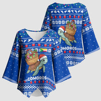 Comoros Christmas Kimono Sleeve Blouse with Santa Turtle Gifts Snowflakes and Ocean Blue Holiday Pattern - Wonder Print Shop