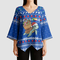 Comoros Christmas Kimono Sleeve Blouse with Santa Turtle Gifts Snowflakes and Ocean Blue Holiday Pattern - Wonder Print Shop