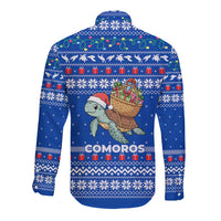 Comoros Christmas Long Sleeve Button Shirt with Santa Turtle Gifts Snowflakes and Ocean Blue Holiday Pattern - Wonder Print Shop