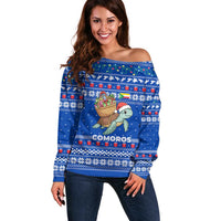 Comoros Christmas Off Shoulder Sweater with Santa Turtle Gifts Snowflakes and Ocean Blue Holiday Pattern - Wonder Print Shop