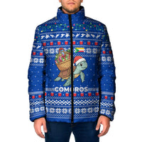 Comoros Christmas Padded Jacket with Santa Turtle Gifts Snowflakes and Ocean Blue Holiday Pattern - Wonder Print Shop
