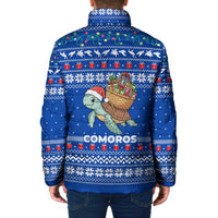 Comoros Christmas Padded Jacket with Santa Turtle Gifts Snowflakes and Ocean Blue Holiday Pattern - Wonder Print Shop