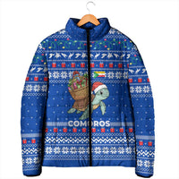 Comoros Christmas Padded Jacket with Santa Turtle Gifts Snowflakes and Ocean Blue Holiday Pattern - Wonder Print Shop