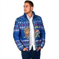 Comoros Christmas Padded Jacket with Santa Turtle Gifts Snowflakes and Ocean Blue Holiday Pattern - Wonder Print Shop