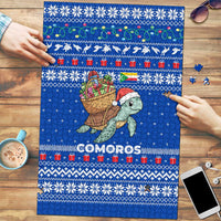 Comoros Christmas Puzzle with Santa Turtle Gifts Snowflakes and Ocean Blue Holiday Pattern - Wonder Print Shop