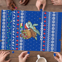 Comoros Christmas Puzzle with Santa Turtle Gifts Snowflakes and Ocean Blue Holiday Pattern - Wonder Print Shop