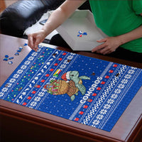 Comoros Christmas Puzzle with Santa Turtle Gifts Snowflakes and Ocean Blue Holiday Pattern - Wonder Print Shop