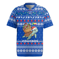 Comoros Christmas Rugby Jersey with Santa Turtle Gifts Snowflakes and Ocean Blue Holiday Pattern - Wonder Print Shop