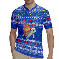 Comoros Christmas Rugby Jersey with Santa Turtle Gifts Snowflakes and Ocean Blue Holiday Pattern - Wonder Print Shop