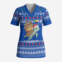 Comoros Christmas Scrub Top with Santa Turtle Gifts Snowflakes and Ocean Blue Holiday Pattern - Wonder Print Shop
