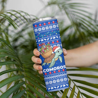 Comoros Christmas Skinny Tumbler with Santa Turtle Gifts Snowflakes and Ocean Blue Holiday Pattern - Wonder Print Shop