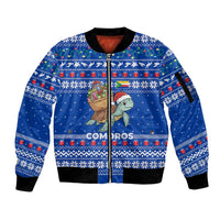 Comoros Christmas Sleeve Zip Bomber Jacket with Santa Turtle Gifts Snowflakes and Ocean Blue Holiday Pattern - Wonder Print Shop