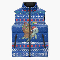 Comoros Christmas Sleeveless Puffer Jacket with Santa Turtle Gifts Snowflakes and Ocean Blue Holiday Pattern - Wonder Print Shop