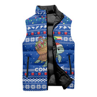 Comoros Christmas Sleeveless Puffer Jacket with Santa Turtle Gifts Snowflakes and Ocean Blue Holiday Pattern - Wonder Print Shop