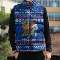 Comoros Christmas Sleeveless Puffer Jacket with Santa Turtle Gifts Snowflakes and Ocean Blue Holiday Pattern - Wonder Print Shop