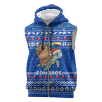 Comoros Christmas Sleeveless Zip Hoodie with Santa Turtle Gifts Snowflakes and Ocean Blue Holiday Pattern - Wonder Print Shop