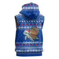 Comoros Christmas Sleeveless Zip Hoodie with Santa Turtle Gifts Snowflakes and Ocean Blue Holiday Pattern - Wonder Print Shop