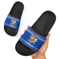 Comoros Christmas Slide Sandals with Santa Turtle Gifts Snowflakes and Ocean Blue Holiday Pattern - Wonder Print Shop