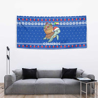 Comoros Christmas Tapestry with Santa Turtle Gifts Snowflakes and Ocean Blue Holiday Pattern - Wonder Print Shop