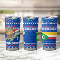 Comoros Christmas Tumbler Cup with Santa Turtle Gifts Snowflakes and Ocean Blue Holiday Pattern - Wonder Print Shop