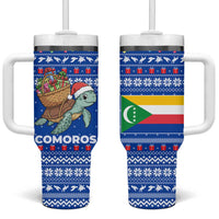 Comoros Christmas Tumbler With Handle with Santa Turtle Gifts Snowflakes and Ocean Blue Holiday Pattern - Wonder Print Shop