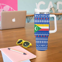 Comoros Christmas Tumbler With Handle with Santa Turtle Gifts Snowflakes and Ocean Blue Holiday Pattern - Wonder Print Shop