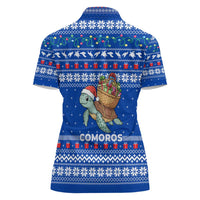 Comoros Christmas Women Polo Shirt with Santa Turtle Gifts Snowflakes and Ocean Blue Holiday Pattern - Wonder Print Shop