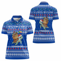 Comoros Christmas Women Polo Shirt with Santa Turtle Gifts Snowflakes and Ocean Blue Holiday Pattern - Wonder Print Shop