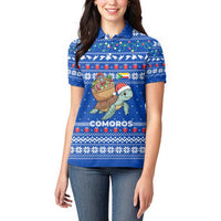 Comoros Christmas Women Polo Shirt with Santa Turtle Gifts Snowflakes and Ocean Blue Holiday Pattern - Wonder Print Shop