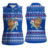 Comoros Christmas Women Sleeveless Polo Shirt with Santa Turtle Gifts Snowflakes and Ocean Blue Holiday Pattern - Wonder Print Shop