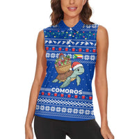 Comoros Christmas Women Sleeveless Polo Shirt with Santa Turtle Gifts Snowflakes and Ocean Blue Holiday Pattern - Wonder Print Shop