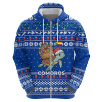 Comoros Christmas Zip Hoodie with Santa Turtle Gifts Snowflakes and Ocean Blue Holiday Pattern - Wonder Print Shop