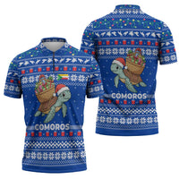 Comoros Christmas Zipper Polo Shirt with Santa Turtle Gifts Snowflakes and Ocean Blue Holiday Pattern - Wonder Print Shop